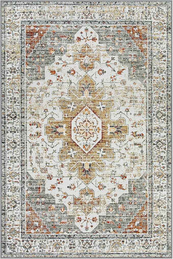 Moynesa Ultra-Thin Washable Area Rug - 4x6 Vintage Living Room Rugs Non-Shed Non Slip, Oriental Low Pile Indoor Accent Floor Carpet for Bathroom Bedroom Laundry Mudroom Entrance, Beige/Gold