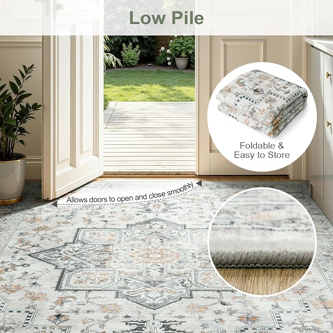 Lofus 8x10 Washable Rugs Non-Slip, Vintage Floral Area Rug for Living Room Bedroom Dining Room Kitchen, Low Pile Distress Print Carpet Home Decor Rug, Octagram Medallion Grey Beige