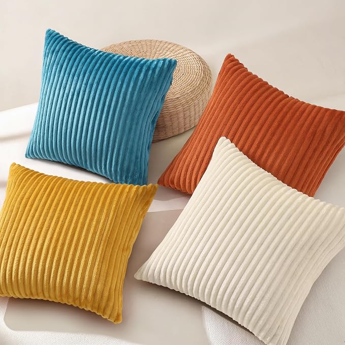 decorUhome Flannel Beige Rust Throw Pillow Covers 20X20 Set of 4 | Decorative Fall Soft Fluffy Striped Double-Sided Couch Pillow Covers, Modern Farmhouse Pillow Cases for Sofa bed Home Decor