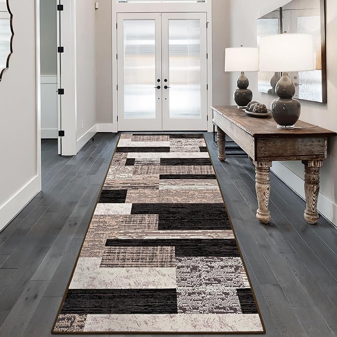 FlyDOIT Modern Geometric Patchwork Area Rug, 2.7x8 Chocolate Runner Rugs for Living Room, Rockwood Collection Indoor Rugs for Bedroom, Throw Carpet Floor Decor for Entryway Dining Room Office Nursery