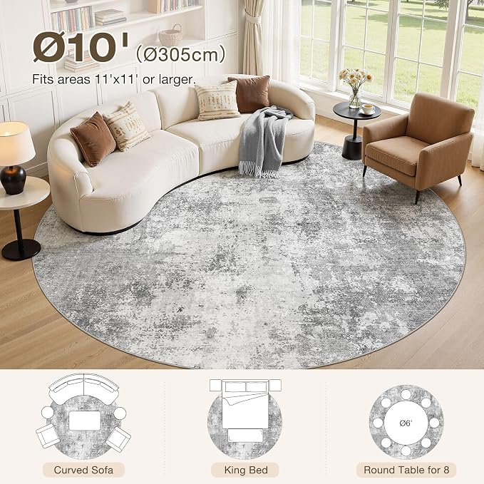 10ft Round Area Rugs for Living Room, 10x10 Washable Non Slip Soft Large Rugs for Bedroom Dining Room, Modern Abstract Low Pile Stain Resistant Carpet for Laundry Office Home Decor - Gray