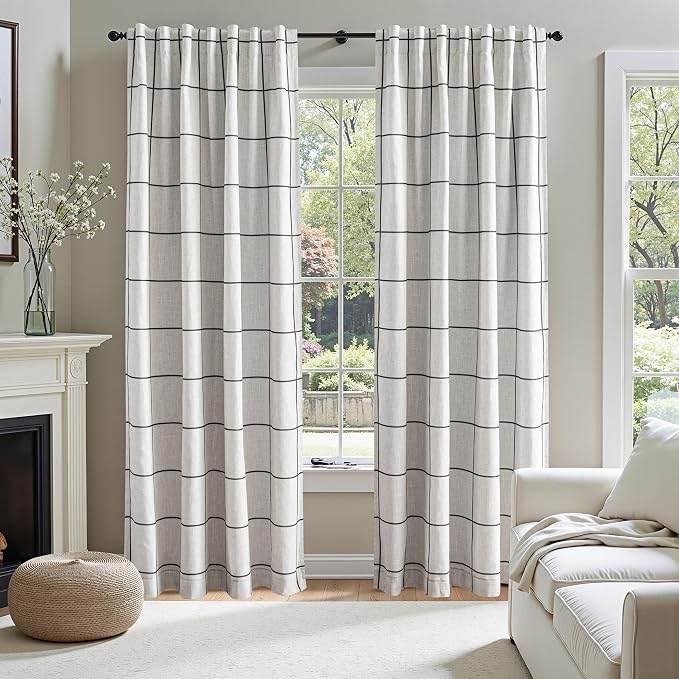MYSKY HOME 100% Blackout Plaid Farmhouse Linen Curtains 84 Inch Long 2 Panels Set for Living Room Double Layer Windowpane Drapes Thermal Insulated Privacy Protection Rod Pocket Back Tab, 52" W, Black