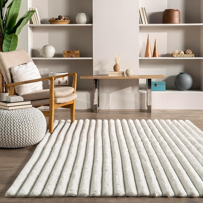 nuLOOM Kai Off White Striped Washable Area Rug, 6' x 9' | Nuloom Kai Striped 6' x 9' Machine Washable Area Rug for Living Room Bedroom Dining Room, Off White