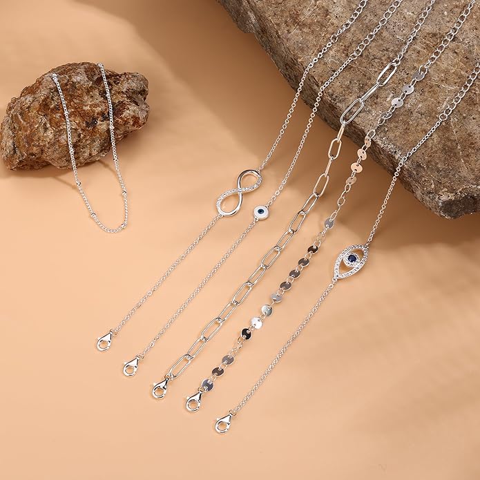 MILACOLATO 925 Sterling Silver Clasp Paperclip Chain Bracelets 14K White Gold Plated Solid Diamond-Cut Paperclip Chain Women Bracelet Adjustable Layered Satellite Beads Bracelets for Women