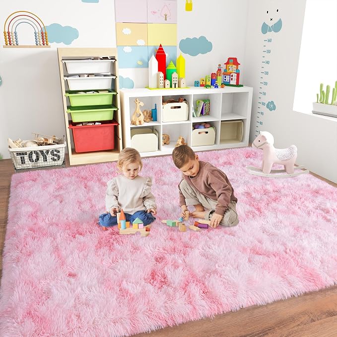 Dssimo Pink and White Rug for Living Room Bedroom,6x9 Soft Shaggy Area Rug | Upgrade Non-Slip Large Pink Fuzzy Rug for Girls Nursery Kids Room Dorm Room Home Decor, Indoor Plush Floor Carpet