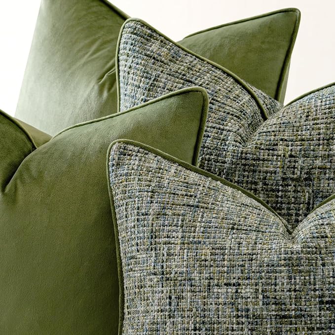 a moment Dark Green 4 Pack Throw Pillow Covers - Chenille & Velvet Set with Piping, Farmhouse Textured Design Pillow Cases for Couch Sofa Bed Livingroom (16x16 Inch, No Insert)