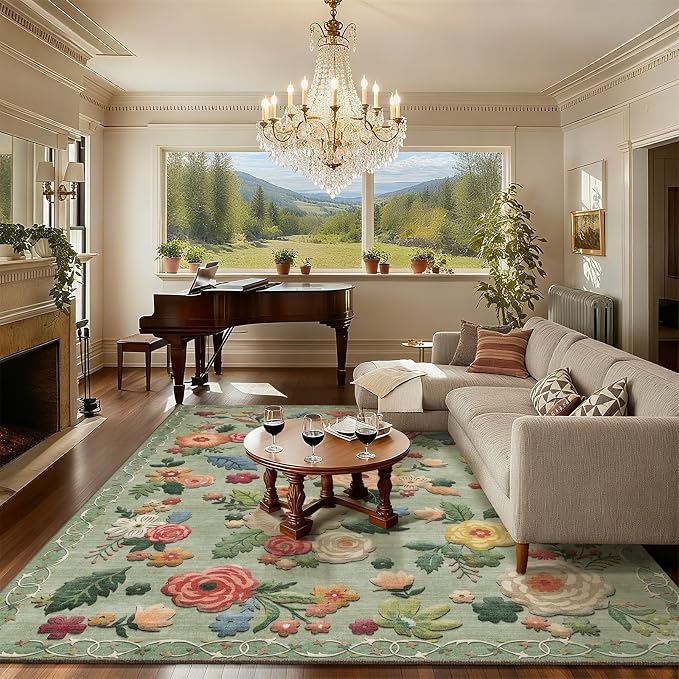 9x12 Area Rugs for Living Room: Washable Bedroom Rug Lightweight Non Slip Low Pile Soft Faux Wool Non Shedding Distressed Vintage Floral Large Carpet for Dining Room Farmhouse Nursery Office Indoor
