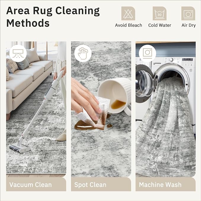 Soalmost Abstract Rug 8x10 Large Living Room Rugs Neutral Modern Washable Area Rugs for Bedroom Dining Room Non-Slip Stain Resistant Foldable Thin Rug Gray White
