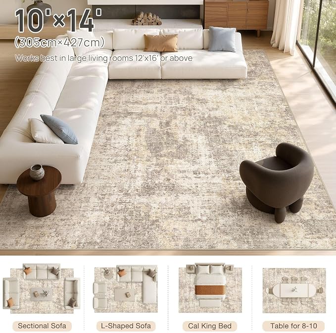 cotiled Washable Area Rug 10x14, Non-Slip Soft Neutral Rug for Living Room | Modern Abstract Carpet, Stain Resistant and Kid & Pet Friendly, Ideal For Bedroom, Dining Room, Nursery, Home Office - Beige