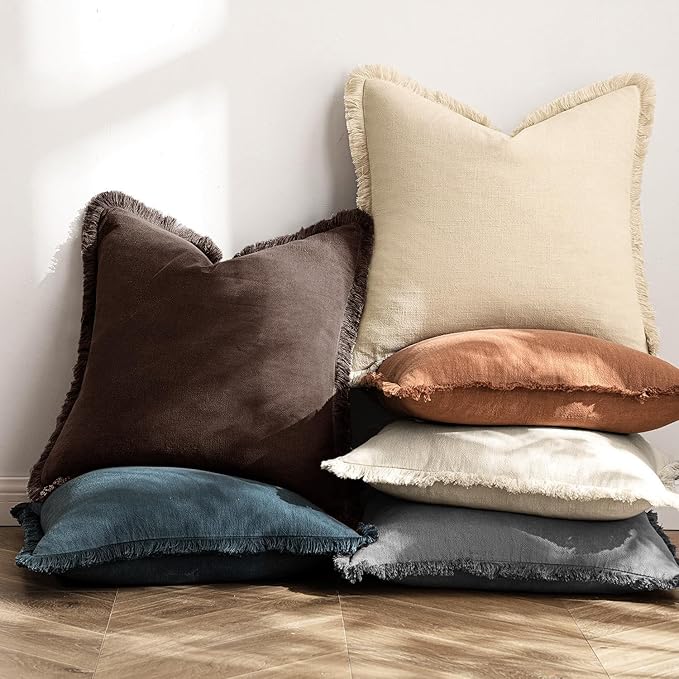 MIULEE Decorative Throw Pillow Covers Neutral Linen Fringe Throw Pillows Euro Shams Set of 2 Dark Brown Boho Farmhouse Cushion Covers for Couch Sofa Bed Living Room Fall Home Decor 26x26 Inch