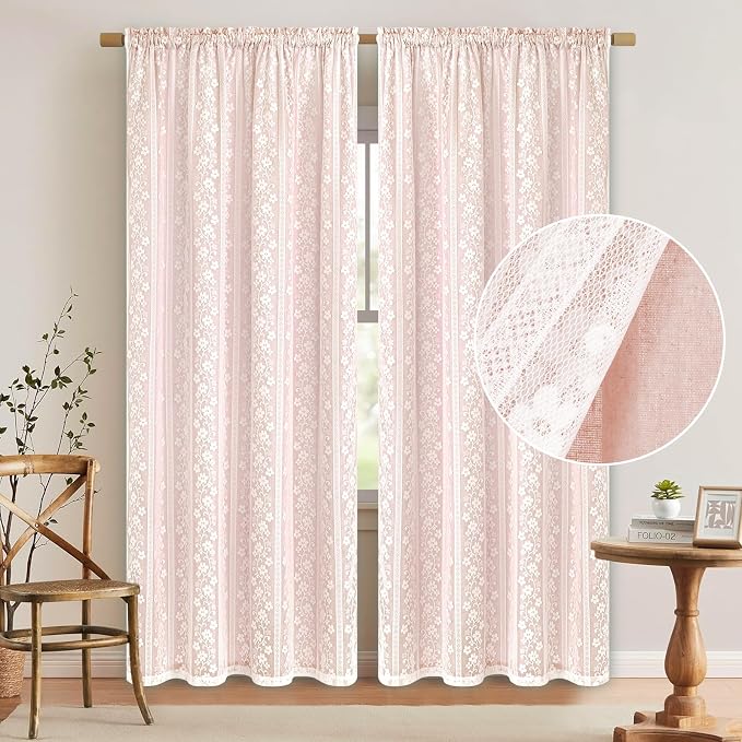 ASPMIZ Linen Pink Curtains for Bedroom, Double Layered Curtain 84 Inch Length 2 Panels Set, Farmhouse Rod Pocket Curtains & Drapes with Tiebacks, Light Filtering Curtain for Living Room, 52 x 84 Inch