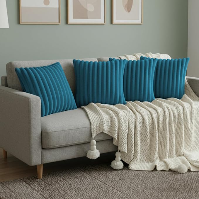 Blue Throw Pillow Covers 16 x 16 Set of 4, Cute Boho Throw Pillow Cover for Couch/Bed, Decorative Pillows Covers for Sofa/Bed, Accent Pillow Covers for Living Room, Rustic/Home/Room Decor