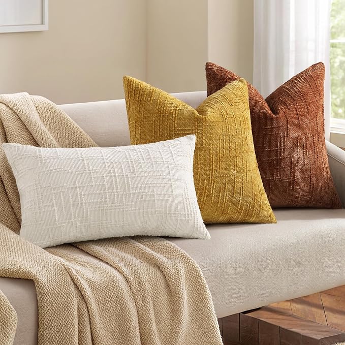 decorUhome Textured Chenille Throw Pillow Covers 12x20 Set of 2 Yellow | Fall Modern Farmhouse Soft Cozy Slubby Couch Pillow Cases Boho Decorative Pillow Cases for Bed Sofa Living Room Home Decor