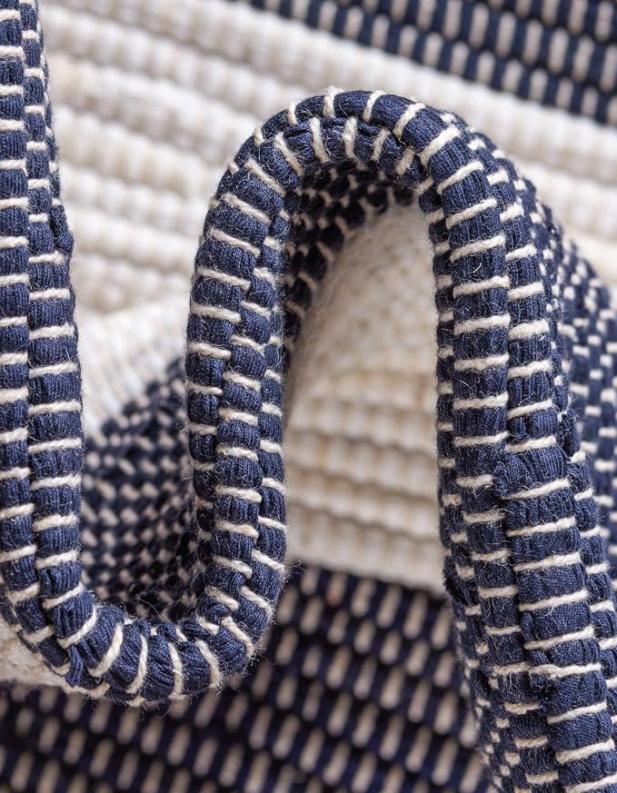 Unique Loom Chindi Rag Collection Area Rug - Striped (7' 10" Square, Navy Blue/ Ivory)