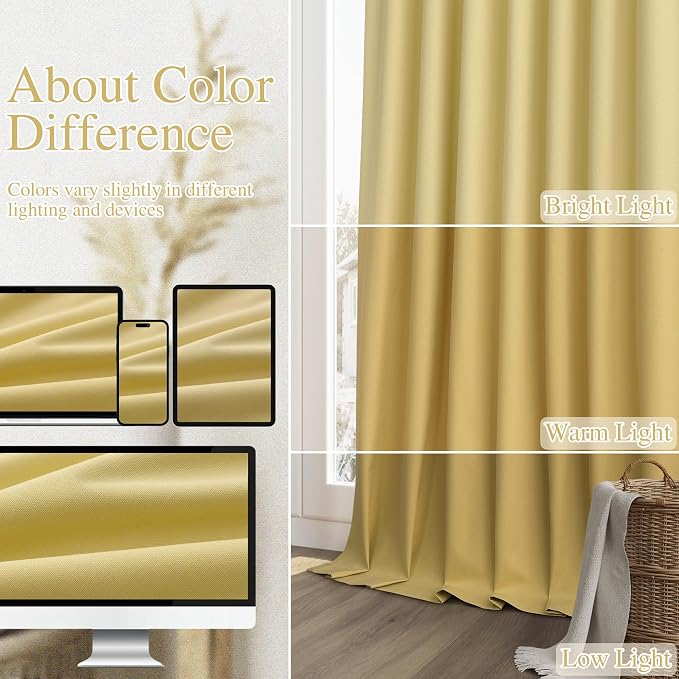 Guken Yellow 100% Blackout Linen Curtains 84 Inch Length 2 Panels Set for Living Room Bedroom Back Tab/Rod Pocket Thermal Insulated Black Out Drapes Room Darkening Window Curtains 84 Inches Long