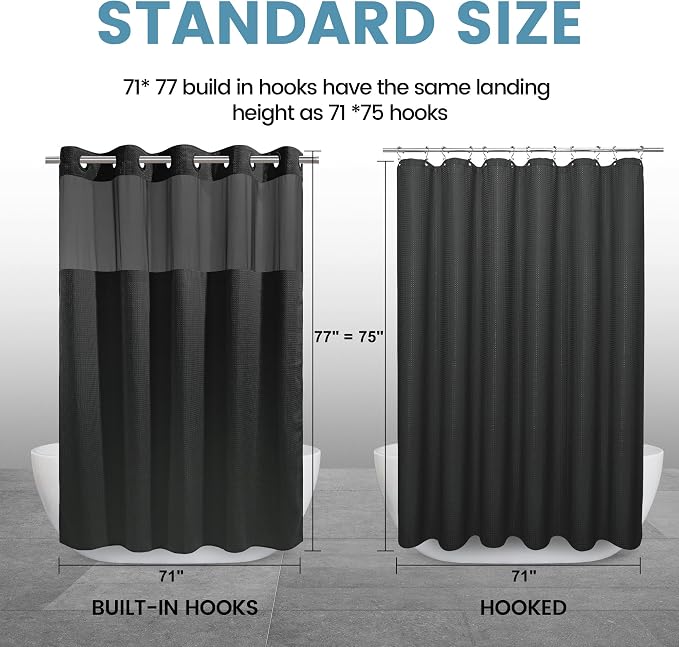 EUTXL Heavyweight Long No Hook Shower Curtain with Snap in Liner,256GSM Waffle Weave Shower Curtains for Bathroom,71W x 77H(75"),Black