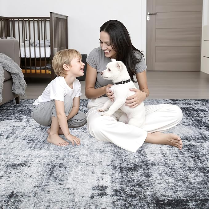 6x6 Area Rug Living Room Rug: Washable Modern Abstract Soft Thin Rug Indoor Floor No Slip Stain Resistant Carpet for Bedroom Dining Room Farmhouse Nursery Home Office - Dark Black