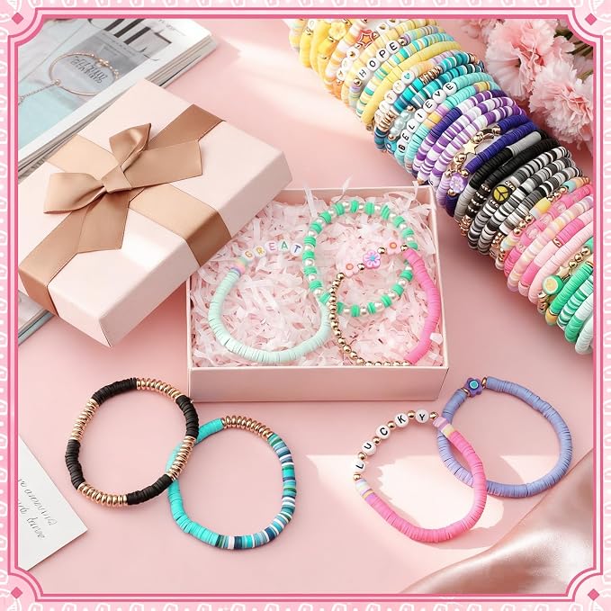 Landical 64 Pcs Preppy Jewelry Bracelets for Women Colorful Vinyl Bead Clay Party Favor Packs Bulk Beaded Bracelet Accessories Jewelry for Boho Summer Beach Goody Bag Fillers Party Supplies