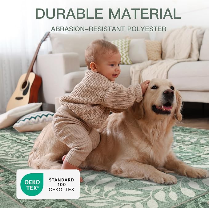 8x10 Vintage Washable Sage Green Area Rug | Living Room,Low Pile Non Slip Carpet Non-Shedding Large Soft Indoor Stain Resistant Floral Print Mat for Bedroom Dining Room