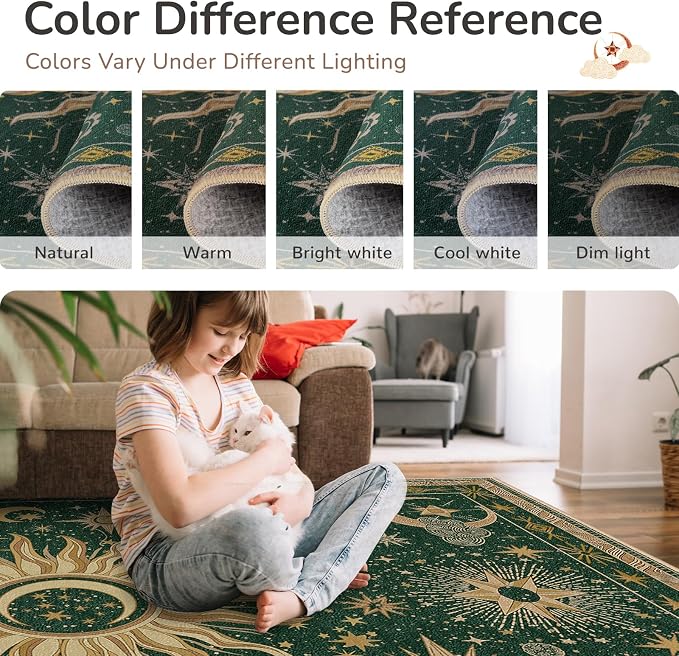 Vacuum-Friendly, 2x10 Washable Area Rug, Green Gold Yellow | Sun and Moon Boho Gothic Non-Slip Low Pile Living Roon Bedroom Dining Room Kitchen Entry Entryway Entrance Hallway Doormat