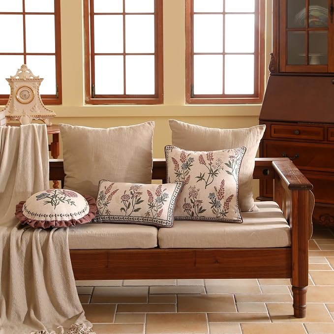 ISAENNE Designer Vintage Linen Throw Pillow Cover,Diameter 16"-Helena D | French Elegant Round Decor Pillow Cover,Concealed Zipper Design,Floral Pattern,Sofas,Bedroom,Living Room,Lounge Chairs