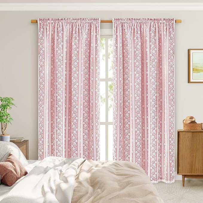 ASPMIZ Linen Curtains for Living Room Double Layers Curtains for Bedroom Farmhouse Window Curtain with Linen Lace, Light Filtering Curtain 63 Inch Length, Rod Pocket Drape with 2 Tiebacks, Red