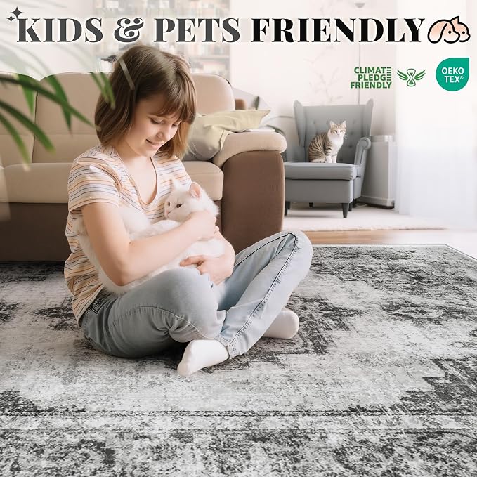 Area Rug 8x10 Vintage Rugs: Large Washable Indoor Medallion Rug Low Pile Distressed Floor Carpet Retro Accent Rugs for Living Room Bedroom Kitchen Dining Table Home Office(Black, 8'x10')