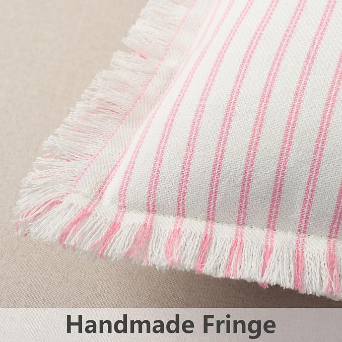 ZWJD Throw Pillow Covers 20x20 Set of 2 Striped Pillow Covers with Fringe Chic Cotton Decorative Pillows Square Cushion Covers for Sofa Couch Bed Living Room Farmhouse Decor (Pink)