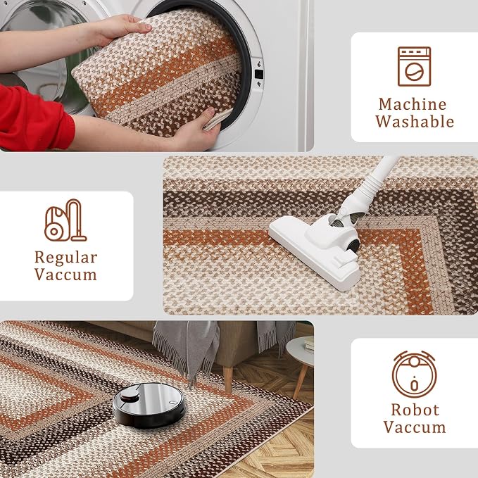 RUGSREAL Hallway Runner Rug 2x6 Braided Machine Washable Kitchen Rug Farmhouse Runner Carpet Non Slip Stain Resistant Rustic Runner Modern Printed Area Rug for Living Room Bedroom, Brown/Rust