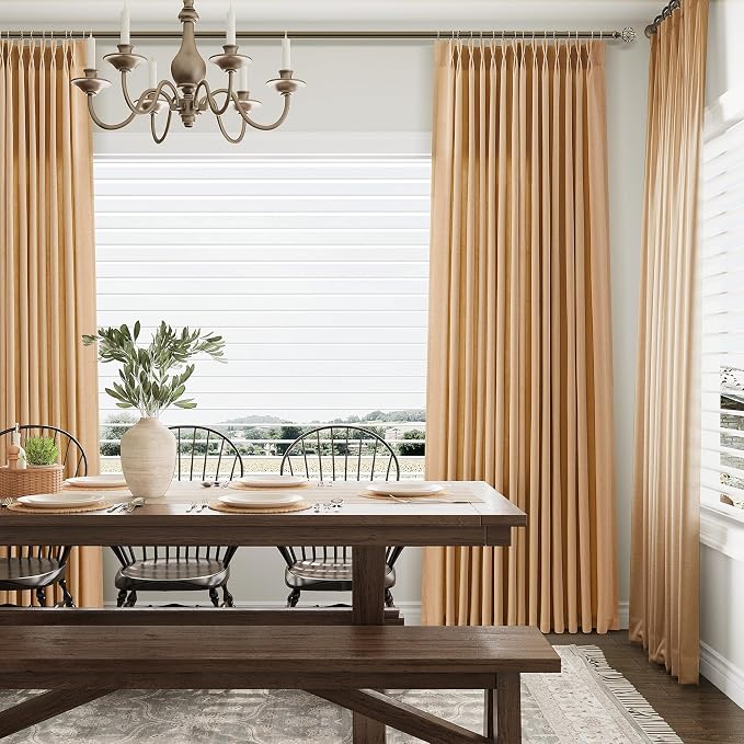 Aersas Camel Linen Pinch Pleated Curtains 120 Inches for Living Room 2 Panels Set Back Tab Extra Long Flax Curtain Farmhouse Light Filtering Semi Sheer for Large Window Treatments, 40x120 Inch