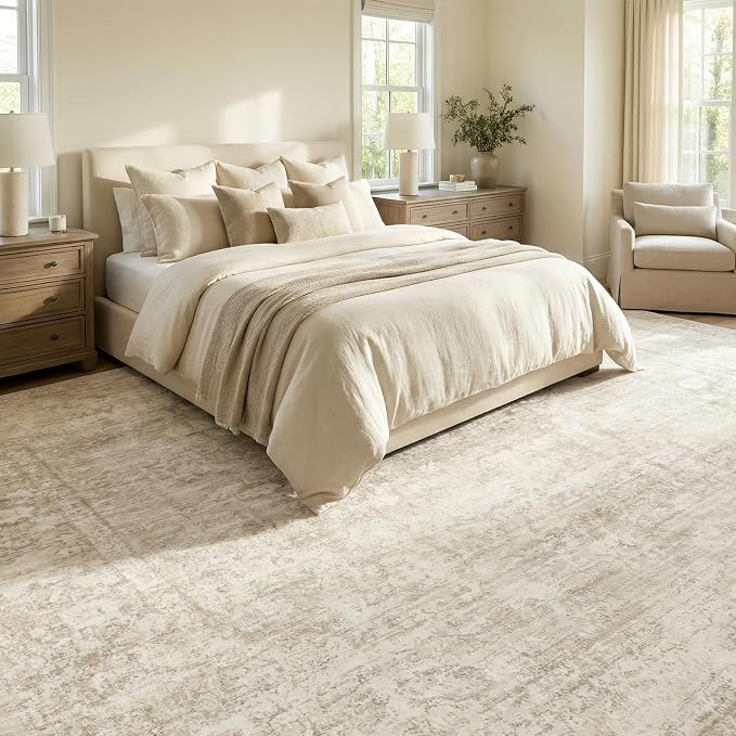 Homemate Washable Rug 9x12 Area Rugs - Vintage Faux Wool Rugs for Living Room Bedroom Dining Room - Non Slip Foldable Carpet Indoor Area Rug for Home Decor(9'x12', Beige