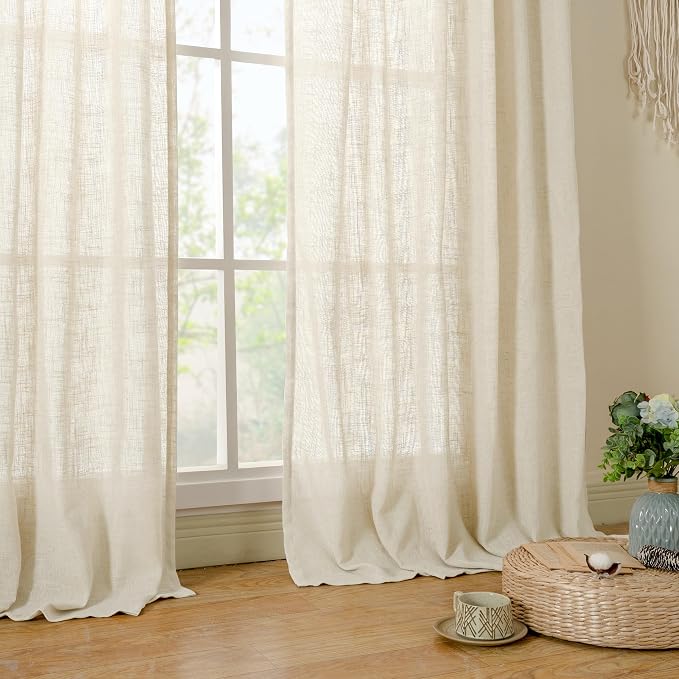 LAMIT Beige Linen Curtains for Living Room 2 Panels Set, 68 Inch Faux Linen Textured Light Filtering Drapes Back Tab and Rod Pocket Boho Panels for Farmhouse/Bedroom/Porch, 52 x 68 Inch