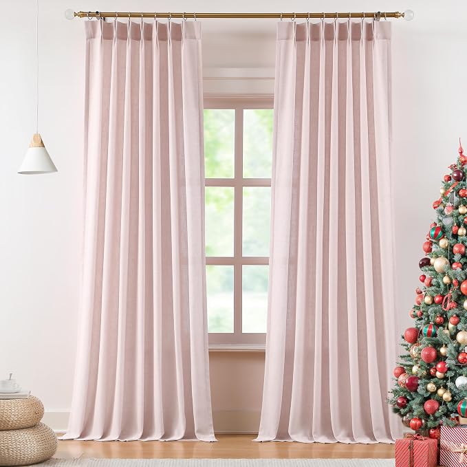 Vision Home Soft Pink Pinch Pleated Semi Sheer Curtains Textured Linen Blended Light Filtering Window Curtains 108 inch for Living Room Bedroom Pinch Pleat Drapes with Hooks 2 Panels 9ft 40" Wx108 L