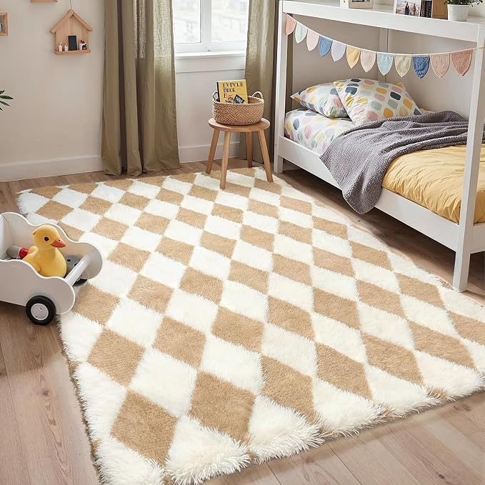 GENIMO Checkered Rug 6x9 Area Rugs for Kids Bedroom Soft Shag Rug Fluffy Fuzzy Carpet Plush Rugs for Living Room Nursery Playroom Dorm Modern Home Decor Aesthetic, Beige and White