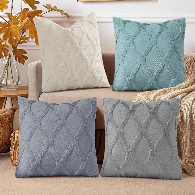 decorUhome Set of 4 Faux Fur Throw Pillow Covers 18x18(Beige/Grey) | Neutral Decorative Soft Plush Couch Pillow Covers, Farmhouse Pillow Cases for Living Room Bed Sofa