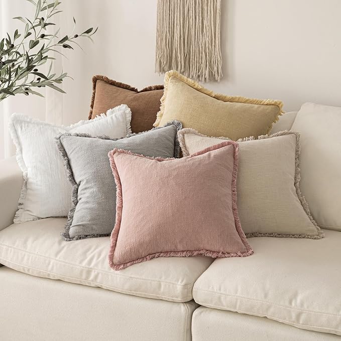 MIULEE Decorative Throw Pillow Covers Neutral Linen Fringe Throw Pillows Euro Shams Set of 2 White Boho Farmhouse Cushion Covers for Couch Sofa Bed Living Room Spring Home Decor 28x28 Inch