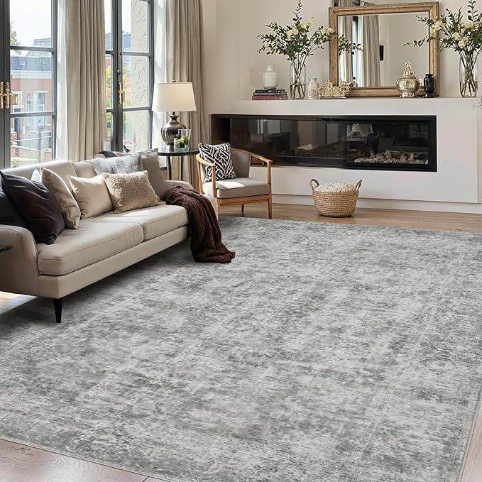 Rugxara Grey 8x10 Area Rugs for Living Room Bedroom Large Washable Rug | Non Slip, Rug for Dining Room Office Kids Room, Stain Resistant, Soft, Low Pile, Vintage Boho Retro Carpet,Home Decor