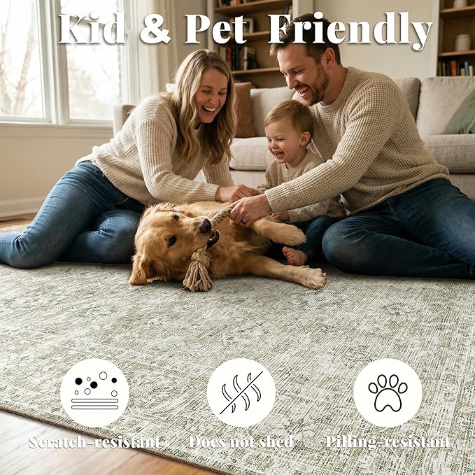 Washable Rugs for Living Room: 6x9 Area Rugs for Bedroom Ultra Soft Non-Slip Stain Resistant Vintage Boho Large Carpet for High-Traffic Dining Room - Farmhouse Decor