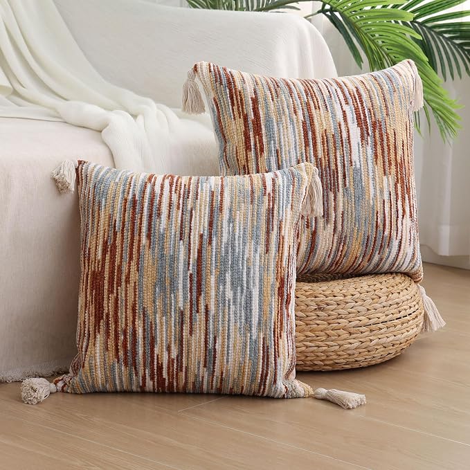 Simmore Fall Boho Decorative Rust Throw Pillow Covers 18X18 Set of 2 | Tufted Accent Modern Farmhouse Neutral Pillow Covers with Tassels for Cozy Bohemian Couch Sofa Bedroom Home Decor