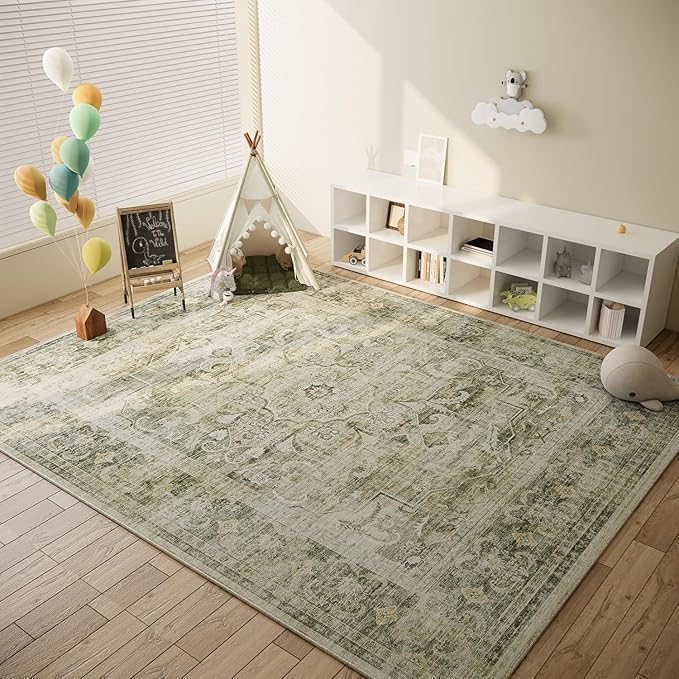 8x10 Washable Rugs for Living Room: Large Area Rug for Bedroom Non Slip Low Pile Soft Faux Wool Non Shedding Vintage Boho Carpet Rugs for Dining Room Kitchen Nursery Under Table Farmhouse Home Office