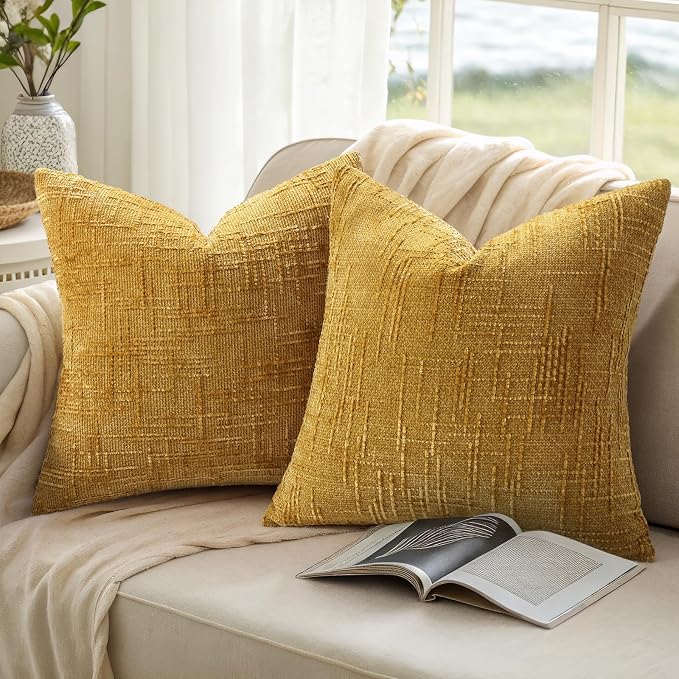 decorUhome Textured Chenille Throw Pillow Covers 24x24 Set of 2 Yellow | Fall Modern Farmhouse Soft Cozy Slubby Couch Pillow Cases Boho Decorative Pillow Cases for Bed Sofa Living Room Home Decor