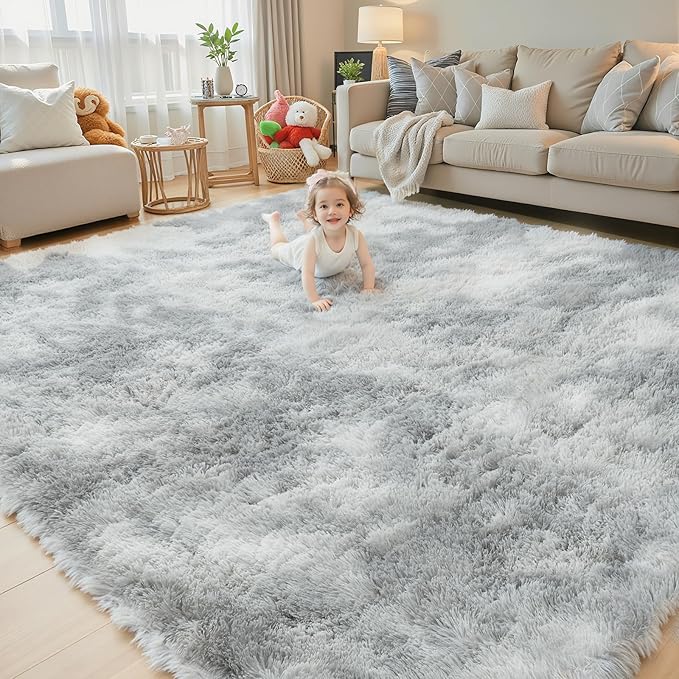 Fluffy Rug Shag Area Rug,Light Grey Tie-Dyed 3x5 Area Rugs for Bedroom | Non-Slip Small Soft Bedside Rug for Entryway,Living Room and Home Office