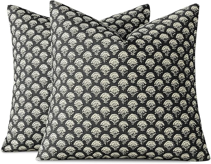 MIULEE Set of 2 Decorative Floral Pillow Covers Neutral Vintage Fall Throw Pillows Block Print Boho Farmhouse Cushion Covers for Modern Spring Home Decor Couch Sofa Bed Living Room, 20x20 Inch, Black