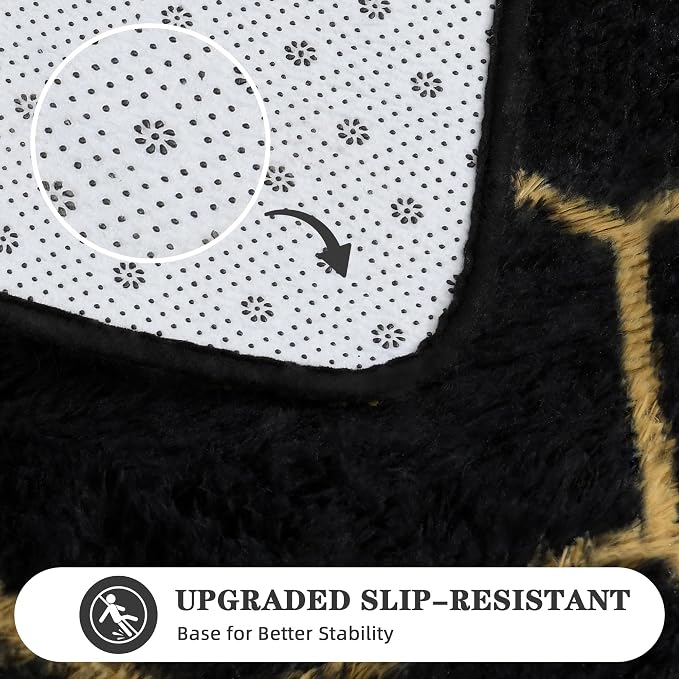 Fluffy Rug for Bedroom, Soft 5x7 Black Shag Plush Geometric Area Rugs | Modern Black and Gold Rug, Non Slip Carpet for Living Room, Aesthetic Home Decor, Fuzzy Floor Mat for Nursery Teen Dorm