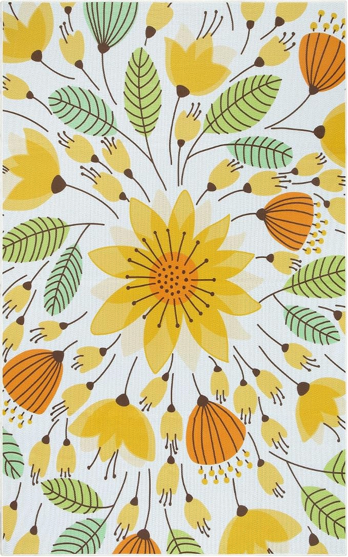 Lahome Floral Indoor Outdoor Rug, 5x8ft Non-Slip Outdoor Patio Rug for Camping Picnic, Portable Outdoor Carpet for Balcony Deck Backyard, Large RV Outdoor Rugs for Living Room Bedroom,Yellow