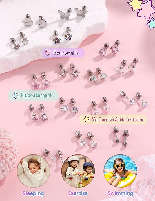 CASSIECA 16 Pairs Hypoallergenic Screw Back Earrings for Women Girls 316L Stainless Steel CZ Ball Heart Flower Screwback Flat Back Stud Earrings Jewelry Gift Women Multicolored Pink