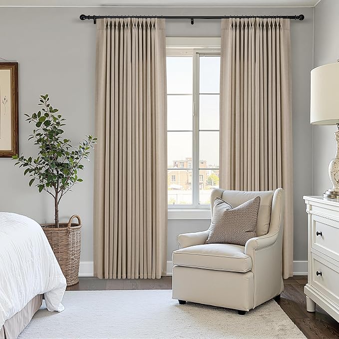 Aersas Eggshell Beige Linen Curtains 112 Inches Long for Living Room Pinch Pleated Drape Hooks Rings Back Tab Semi Sheer Light Filtering Curtain for Bedroom Sliding Patio Door 2 Panels 40x112