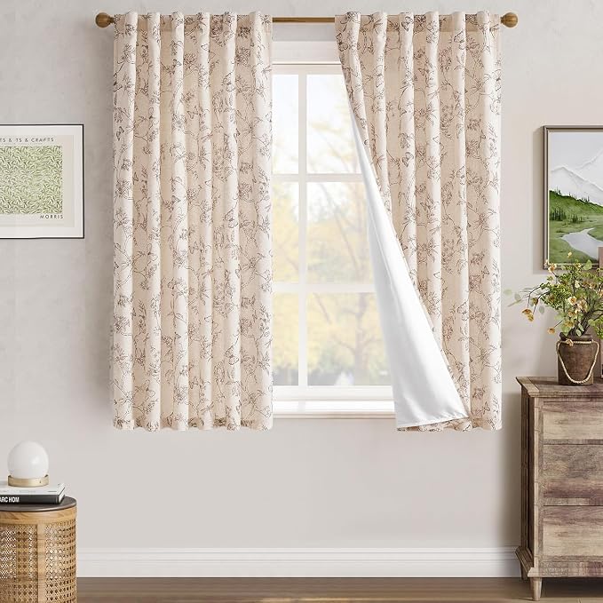 jinchan Taupe Floral Linen Curtains Lined 63 Inch Vintage Back Tab 2 Panels | Privacy lining, light filtering drapes, cottagecore, french country, farmhouse, bedroom, living room, window treatment