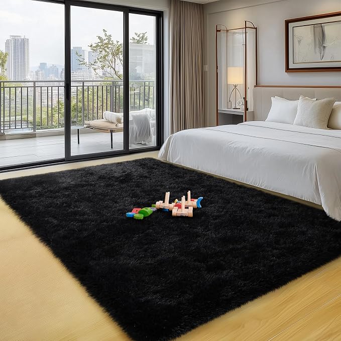 qulint 3x5 Black Rug for Bedroom, Fluffy Small Rug for Living Room Boy Room | Fuzzy Plush Non Slip Carpet Shaggy Shag Modern Solid Rug for Dorm Nursery Kid Room Classroom Home Decor