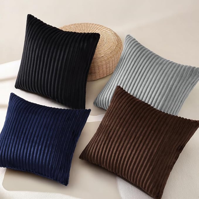 decorUhome Flannel Neutral Grey Throw Pillow Covers 16X16 Set of 4 | Decorative Fall Soft Fluffy Striped Double-Sided Couch Pillow Covers, Modern Farmhouse Pillow Cases for Sofa bed Home Decor